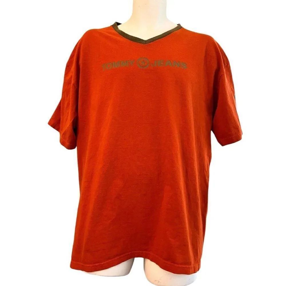 Vintage Tommy Hilfiger TH Jeans Heavy Knit T Shirt Mens XL Orange